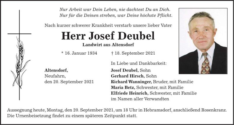 Traueranzeige Josef Deubel