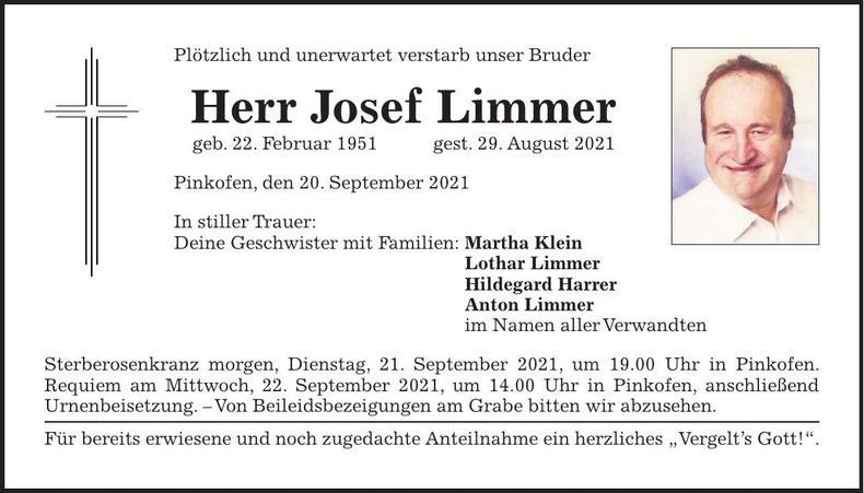 Traueranzeige Josef Limmer