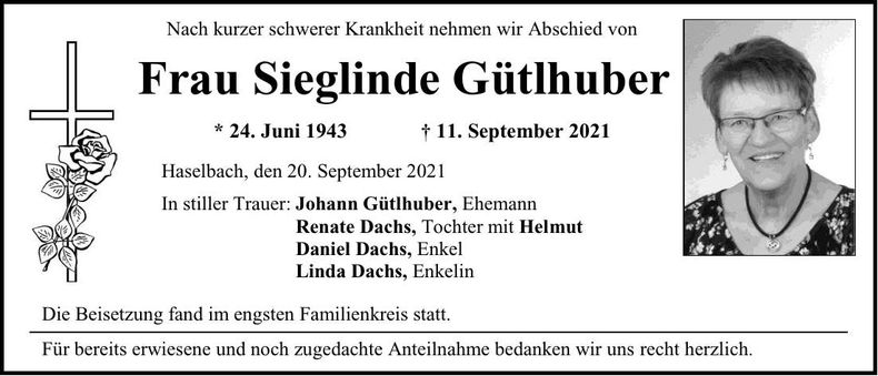 Traueranzeige Sieglinde Gütlhuber