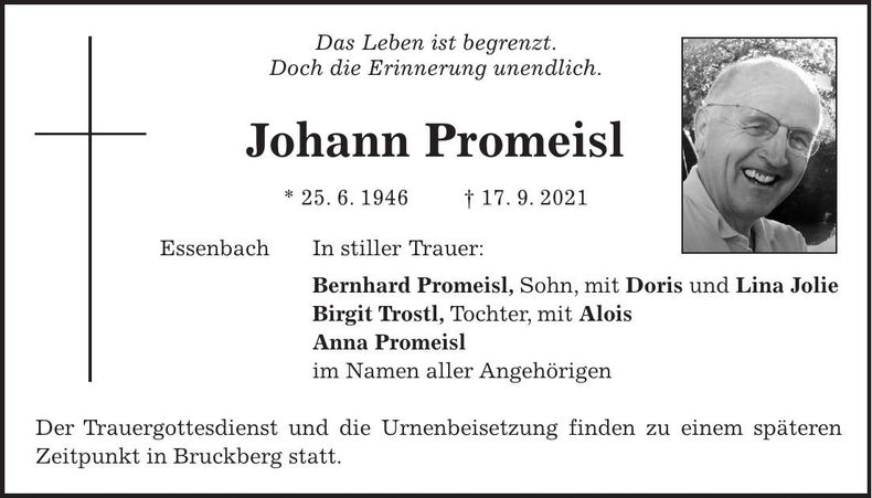 Traueranzeige Johann Promeisl