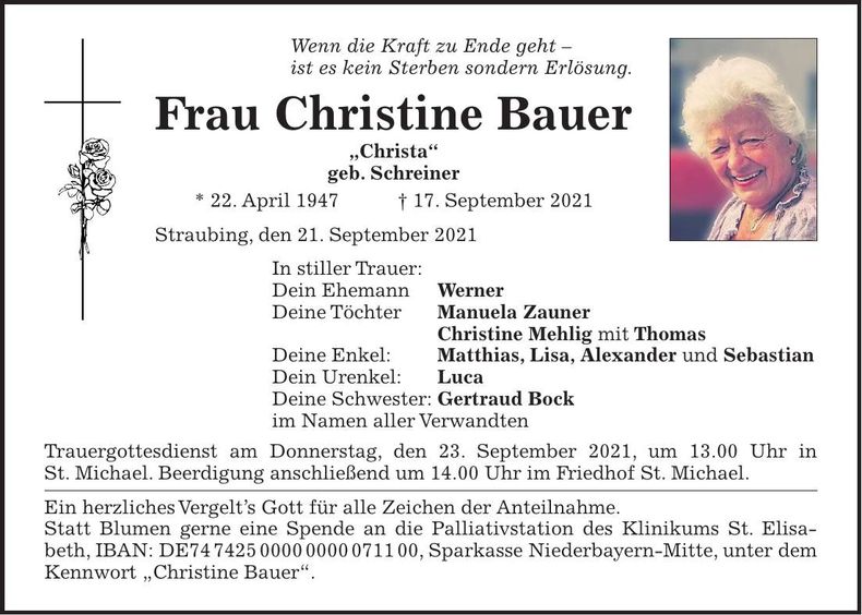 Traueranzeige Christine Bauer