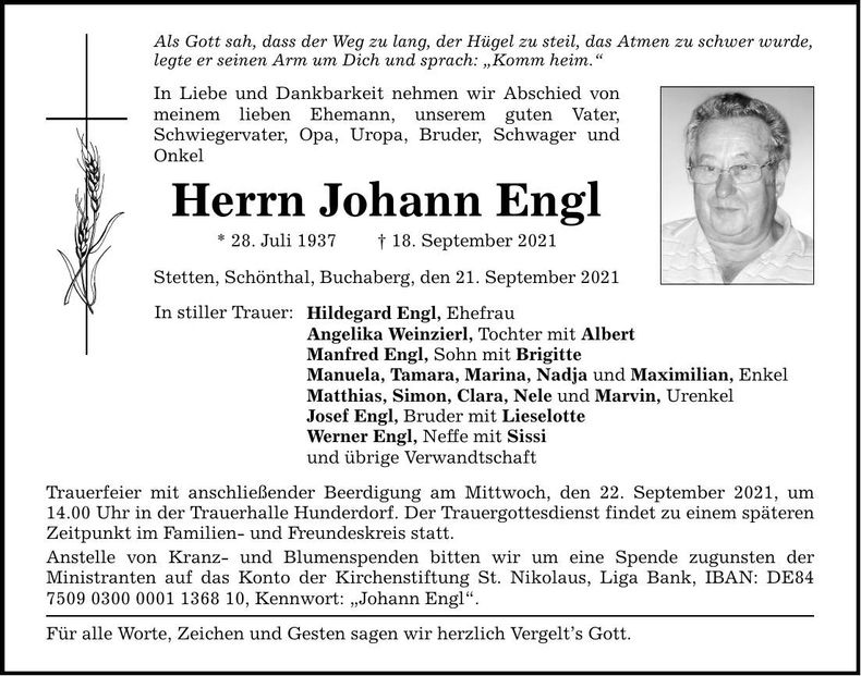 Traueranzeige Johann Engl