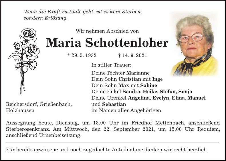 Traueranzeige Maria Schottenloher