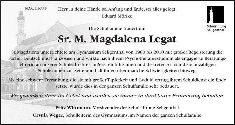 Traueranzeige Magdalena Legat