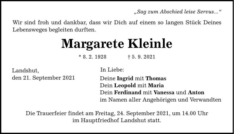 Traueranzeige Margarete Kleinle