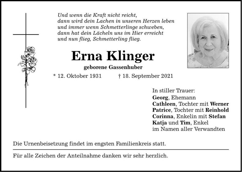 Traueranzeige Ernestine Klinger