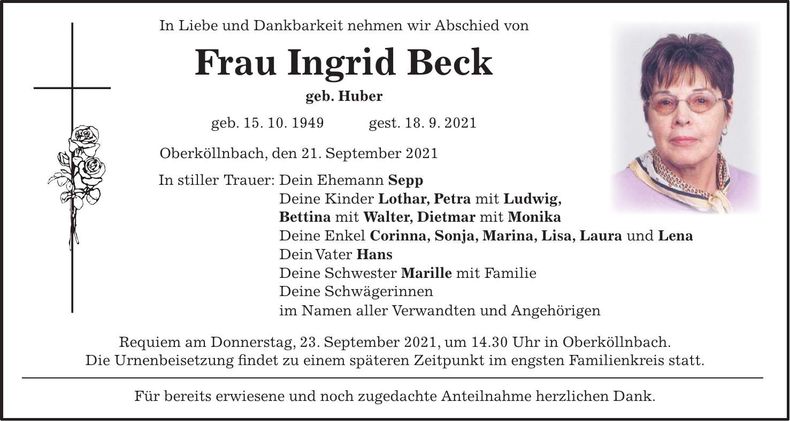 Traueranzeige Ingrid Beck