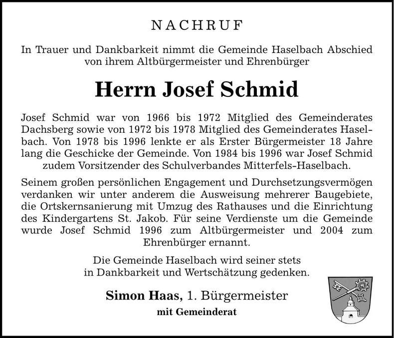 Traueranzeige Josef Schmid