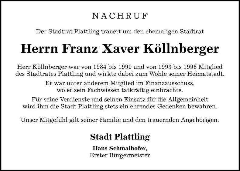 Traueranzeige Franz Xaver Köllnberger