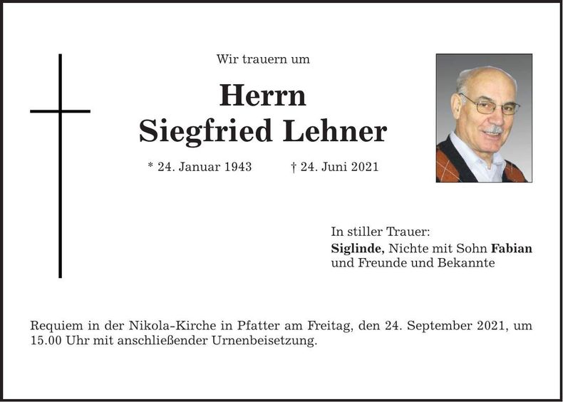 Traueranzeige Siegfried Lehner