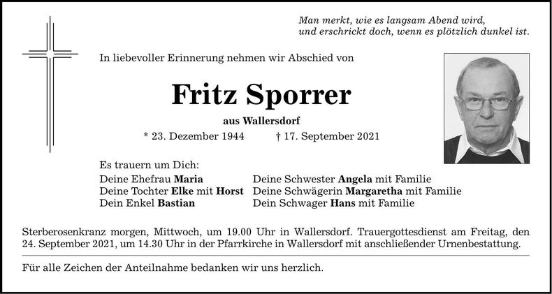 Traueranzeige Fritz Sporrer