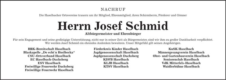 Traueranzeige Josef Schmid