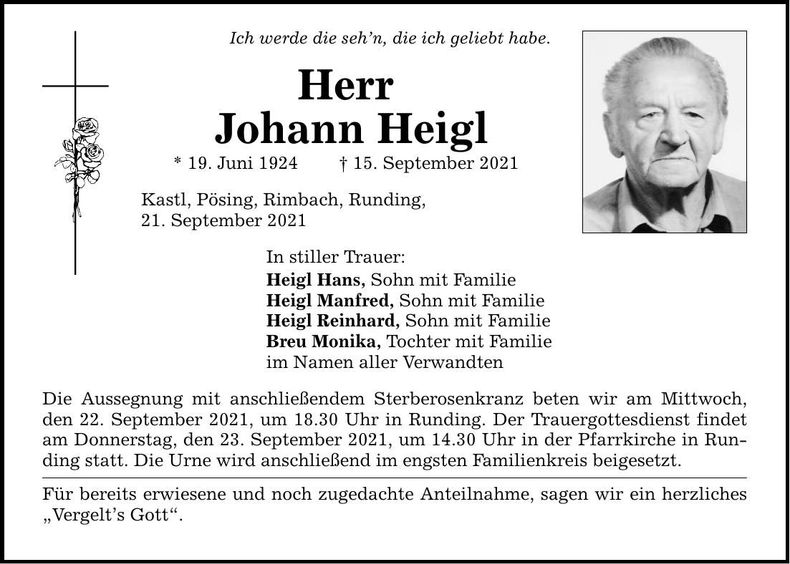 Traueranzeige Johann Heigl