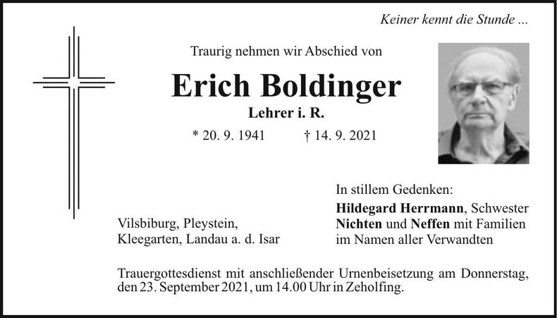 Traueranzeige Erich Boldinger