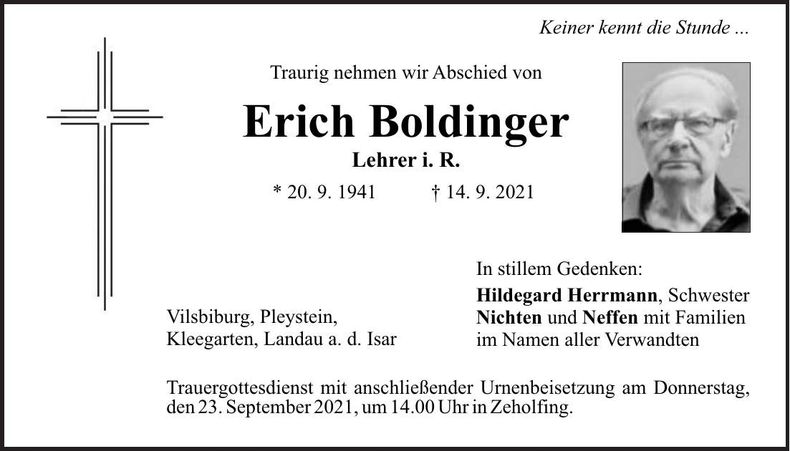 Traueranzeige Erich Boldinger