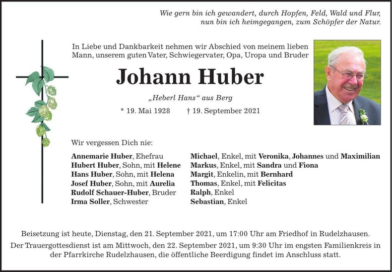 Traueranzeige Johann Huber