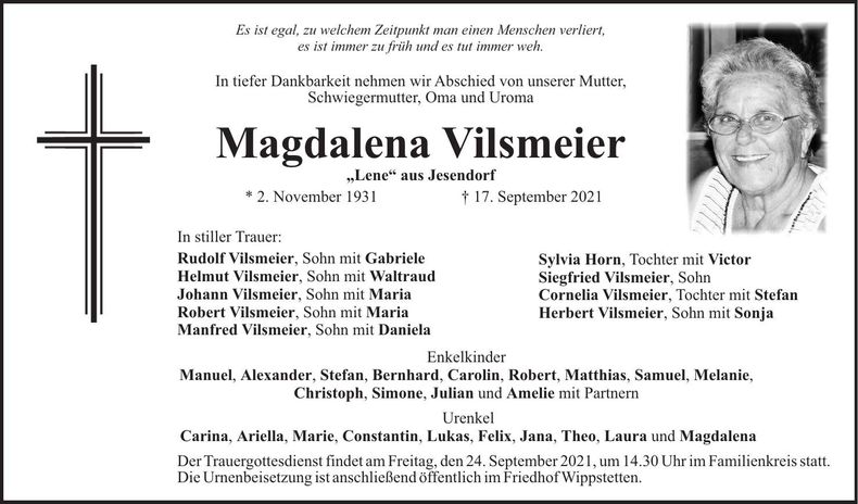 Traueranzeige Magdalena Vilsmeier