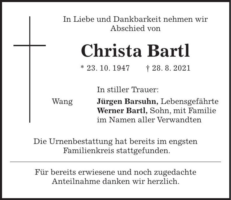 Traueranzeige Christa Bartl