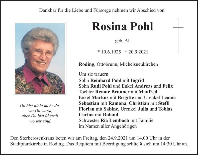 Traueranzeige Rosina Pohl