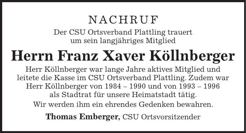 Traueranzeige Franz Xaver Köllnberger