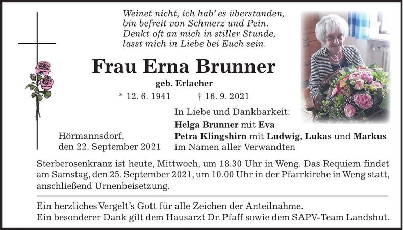 Traueranzeige Erna Brunner
