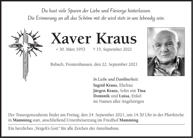 Traueranzeige Xaver Kraus