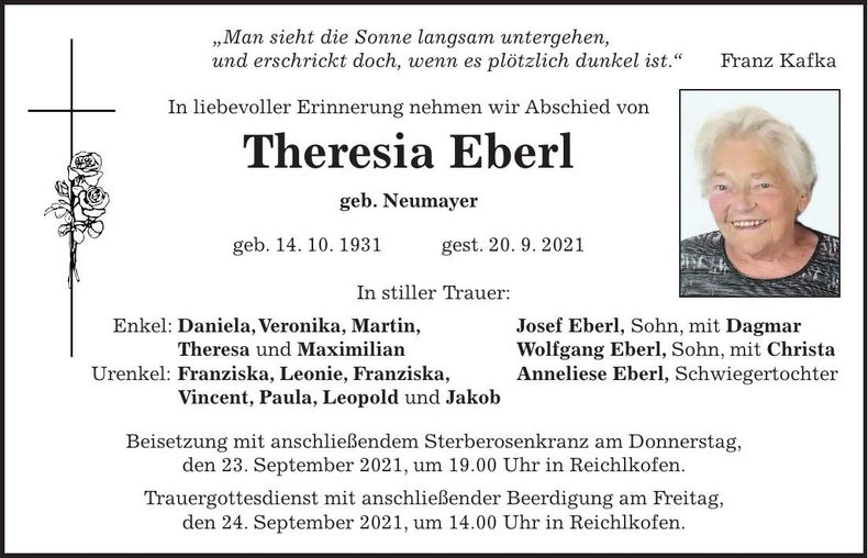 Traueranzeige Theresia Eberl