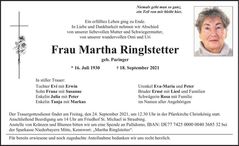 Traueranzeige Martha Ringlstetter