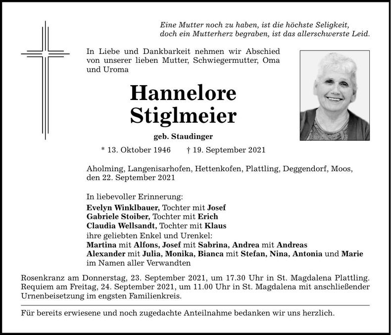 Traueranzeige Hannelore Stiglmeier