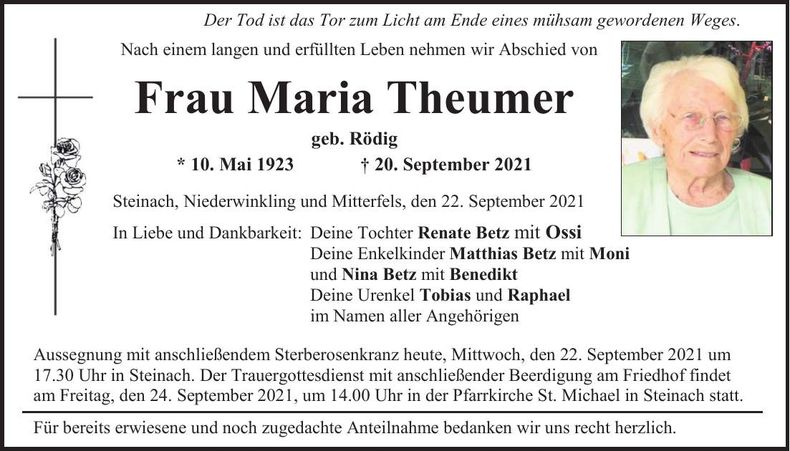 Traueranzeige Maria Theumer
