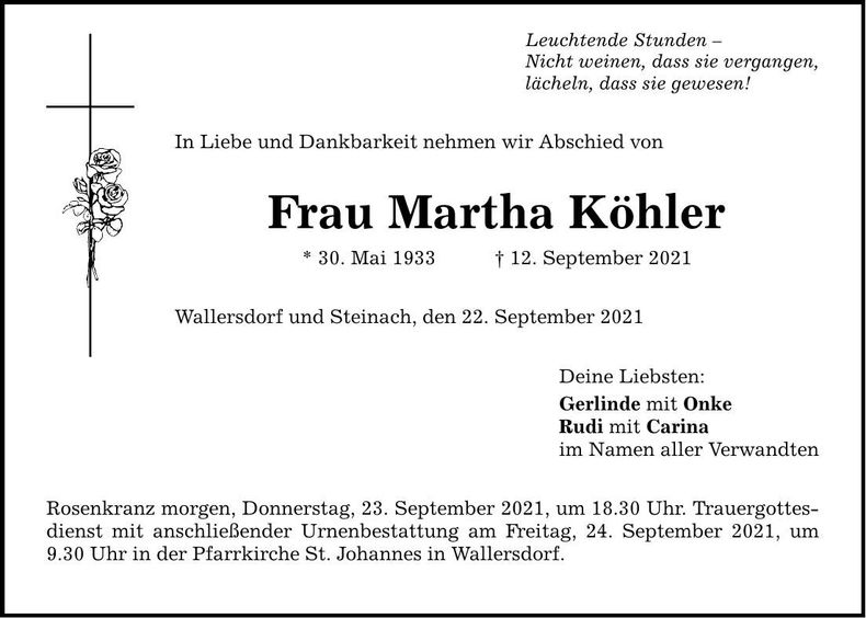 Traueranzeige Martha Köhler