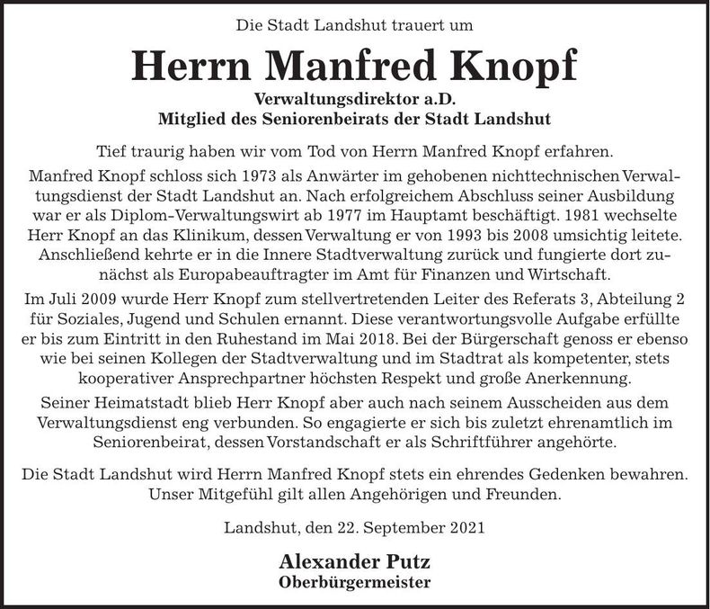Traueranzeige Manfred Knopf