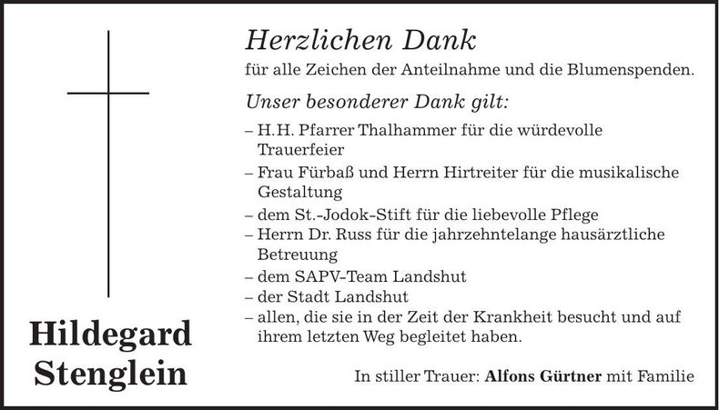 Traueranzeige Hildegard Stenglein