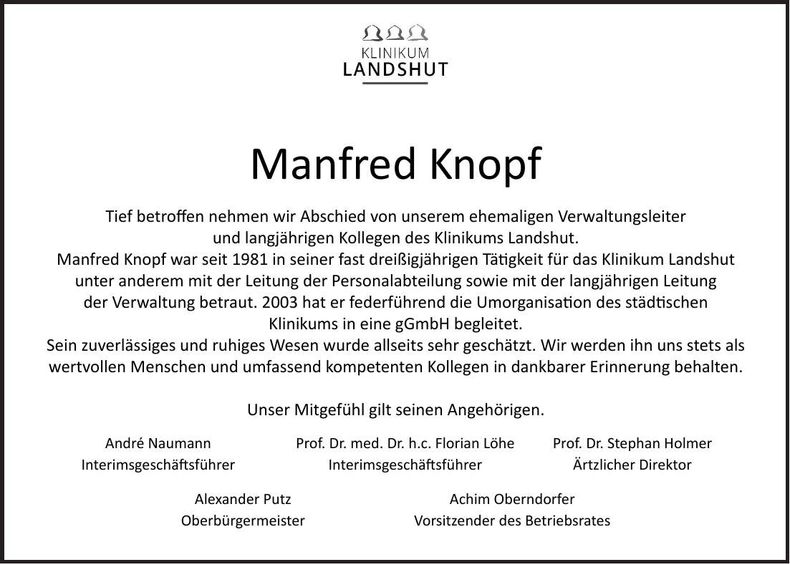 Traueranzeige Manfred Knopf