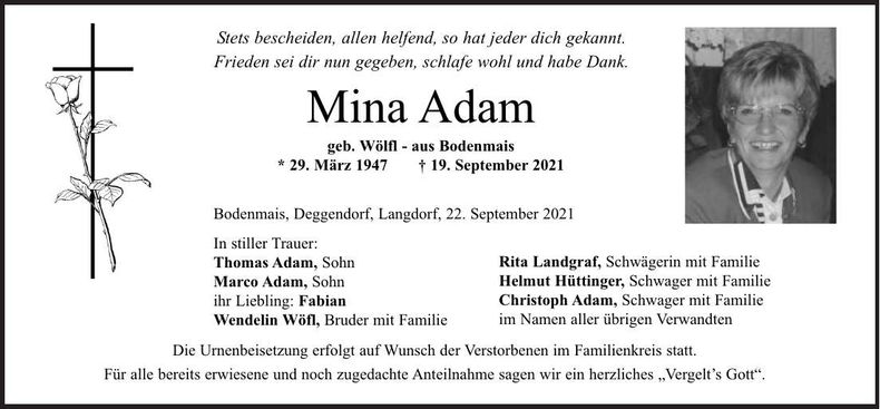 Traueranzeige Mina Adam