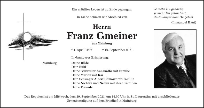 Traueranzeige Franz Gmeiner