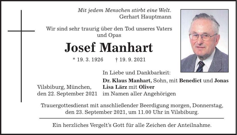 Traueranzeige Josef Manhart