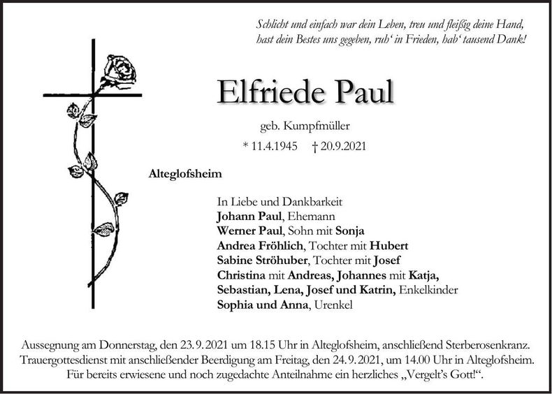 Traueranzeige Elfriede Paul
