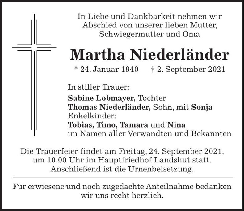 Traueranzeige Martha Niederländer