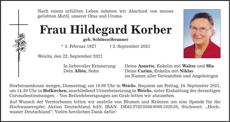 Traueranzeige Hildegard Korber