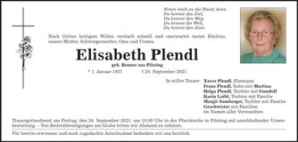 Traueranzeige Elisabeth Plendl