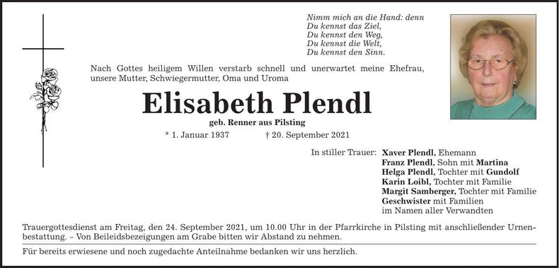 Traueranzeige Elisabeth Plendl