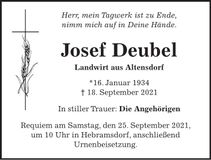 Traueranzeige Josef Deubel