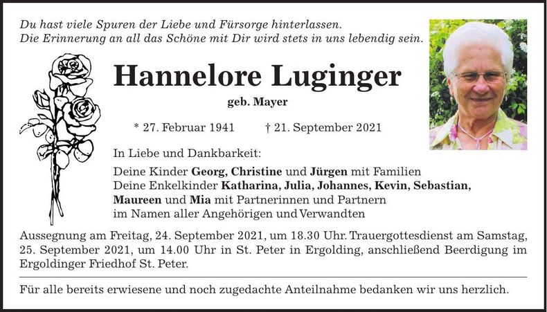 Traueranzeige Hannelore Luginger