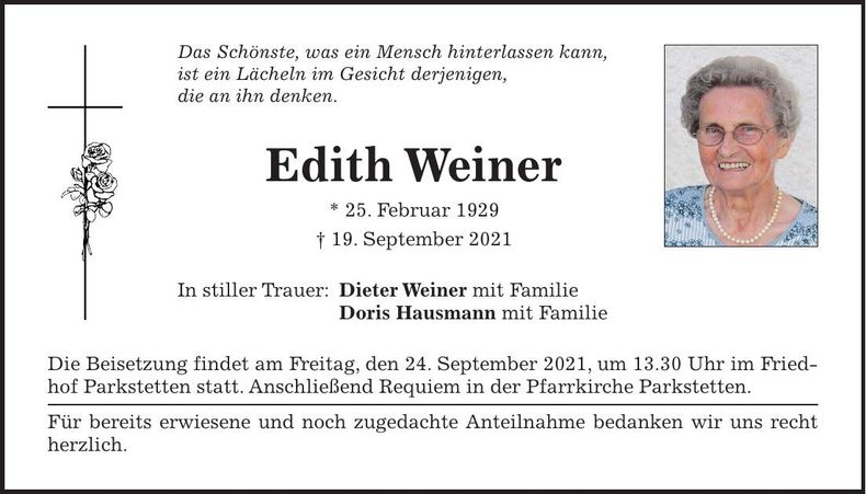 Traueranzeige Edith Weiner