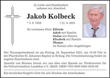 Traueranzeige Jakob Kolbeck