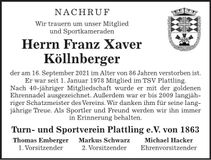 Traueranzeige Franz Xaver Köllnberger