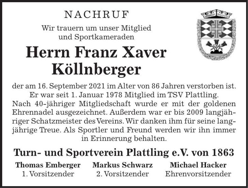 Traueranzeige Franz Xaver Köllnberger