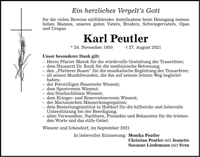 Traueranzeige Karl Peutler
