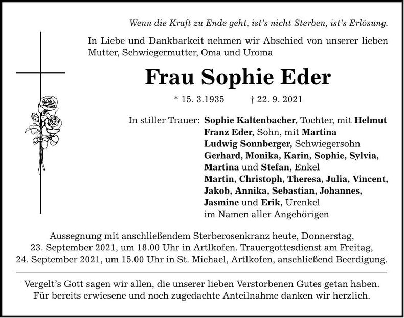 Traueranzeige Sophie Eder